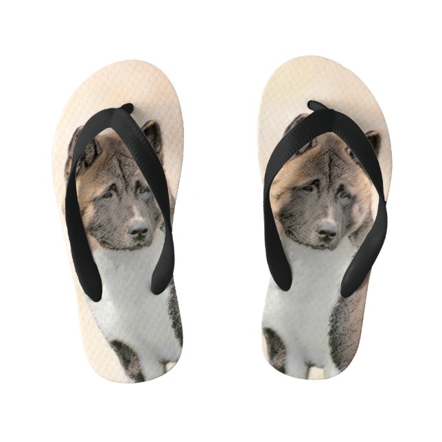 Akita Painting - Cute Original Dog Art Kid's Flip Flops (Footbed)