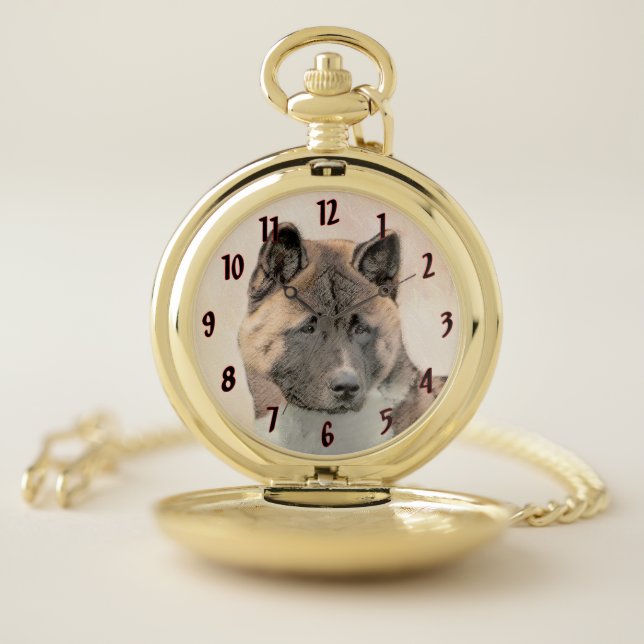 Akita Painting - Cute Original Dog Art Pocket Watch (Inside)