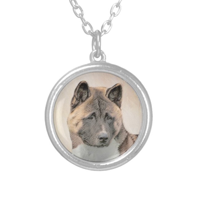 Akita Painting - Cute Original Dog Art Silver Plated Necklace (Front)