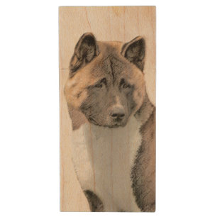 Akita Painting - Cute Original Dog Art Wood Flash Drive