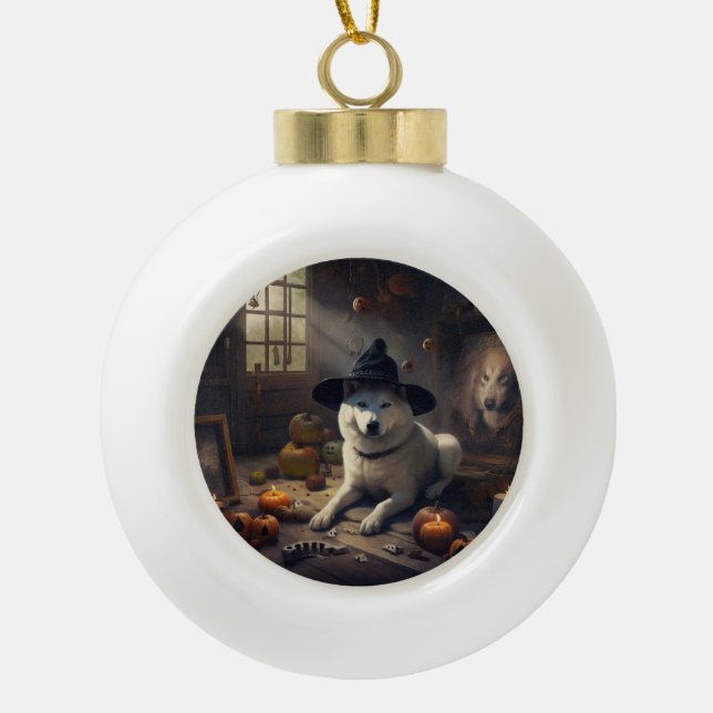 Akita Pumpkins Halloween Scary Ceramic Ball Christmas Ornament (Front)