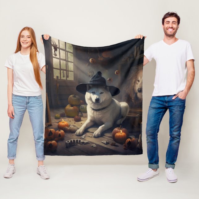 Akita Pumpkins Halloween Scary Fleece Blanket (In Situ)