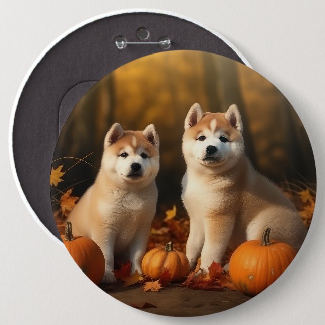 Akita Puppy Autumn Delight Pumpkin Button (Front & Back)