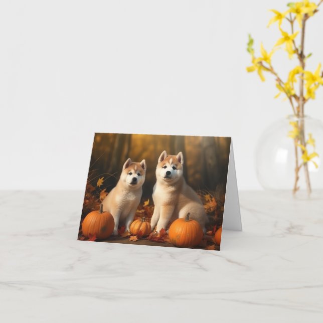 Akita Puppy Autumn Delight Pumpkin Card (Yellow Flower)