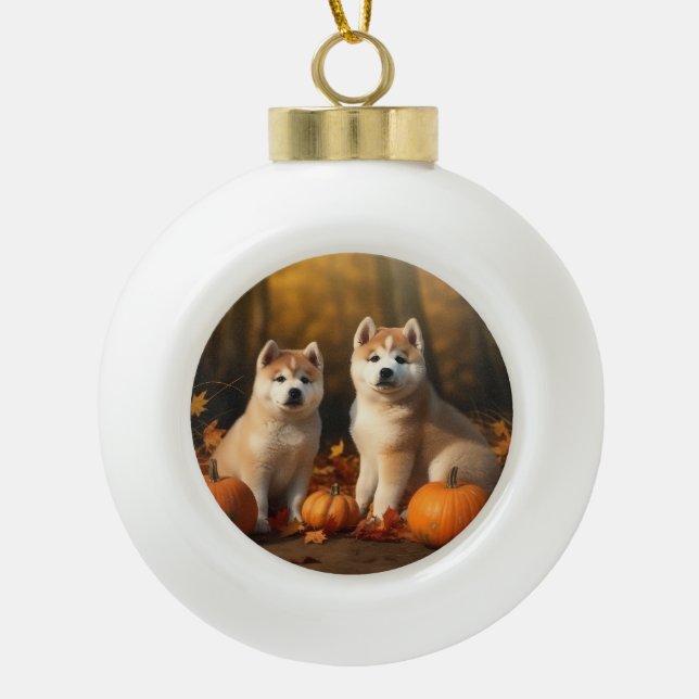 Akita Puppy Autumn Delight Pumpkin Ceramic Ball Christmas Ornament (Front)