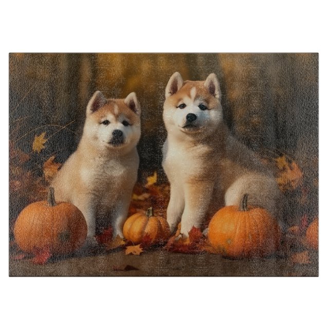 Akita Puppy Autumn Delight Pumpkin Cutting Board (Front)