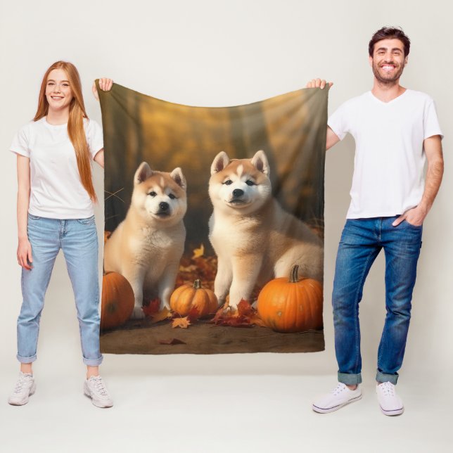 Akita Puppy Autumn Delight Pumpkin Fleece Blanket (In Situ)