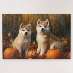 Akita Puppy Autumn Delight Pumpkin Jigsaw Puzzle