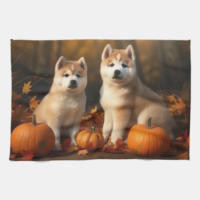 Akita Puppy Autumn Delight Pumpkin Kitchen Towel (Horizontal)