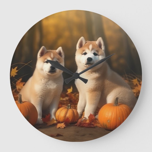 Akita Puppy Autumn Delight Pumpkin Large Clock (Front)
