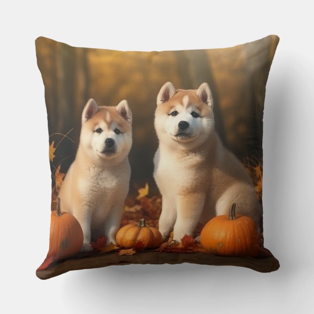 Akita Puppy Autumn Delight Pumpkin Throw Pillow (Back)
