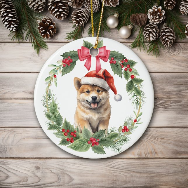 Akita Puppy Dog Red Bow Holly Wreath Ceramic Ornament (Creator Uploaded)