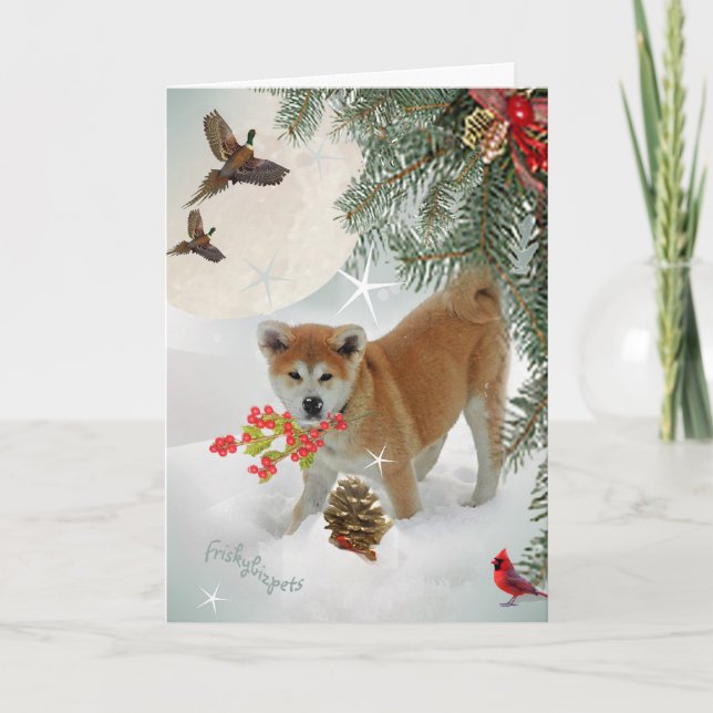AKITA puppy playing in snow Holiday Card (Front)