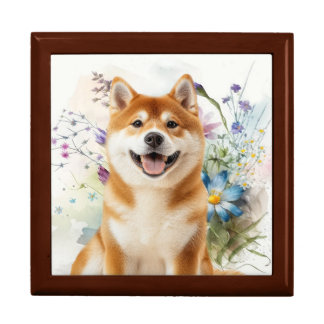 Akita Shiba Inu Dog with Blue Watercolor Flowers Gift Box