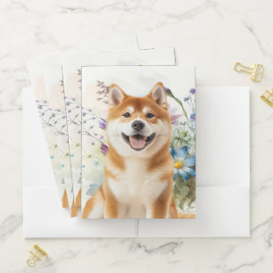 Akita Shiba Inu Dog with Blue Watercolor Flowers Pocket Folder