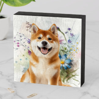 Akita Shiba Inu Dog with Blue Watercolor Flowers Wooden Box Sign
