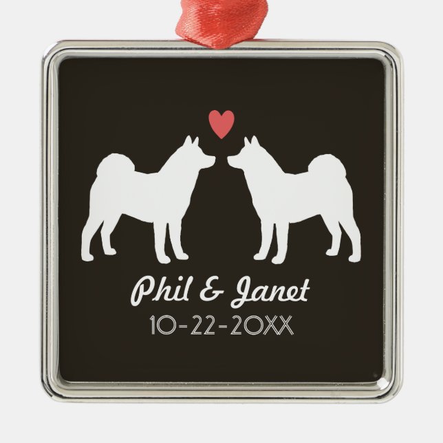 Akita Silhouettes Dogs Couple Custom Metal Ornament (Front)