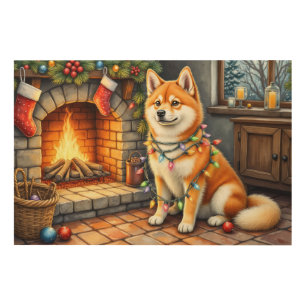 Akita Sitting by Fireplace with Christmas Lights Wood Wall Art