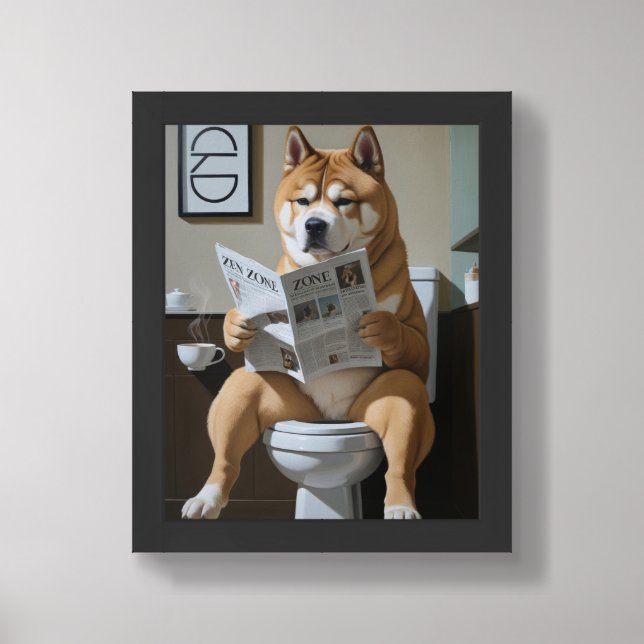 Akita Sitting On Toilet Funny Framed Art (Framed Front)