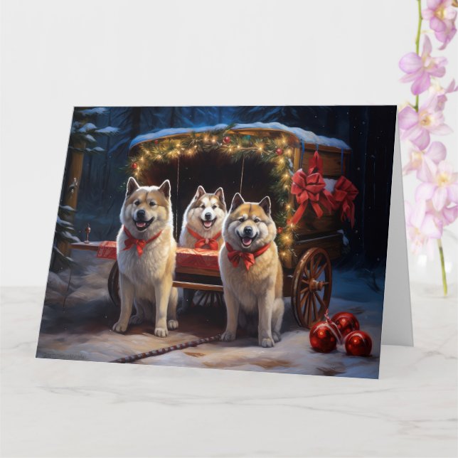 Akita Snowy Sleigh Ride Christmas Decor Card (Orchid)