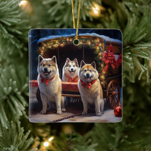 Akita Snowy Sleigh Ride Christmas Decor Ceramic Ornament (Tree)