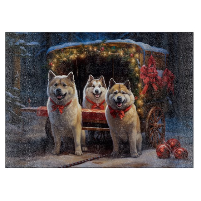Akita Snowy Sleigh Ride Christmas Decor Cutting Board (Front)