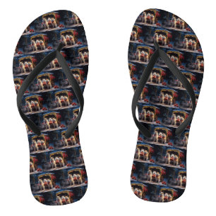 Akita Snowy Sleigh Ride Christmas Decor Flip Flops