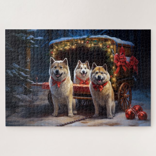 Akita Snowy Sleigh Ride Christmas Decor Jigsaw Puzzle (Horizontal)