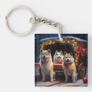Akita Snowy Sleigh Ride Christmas Decor Keychain