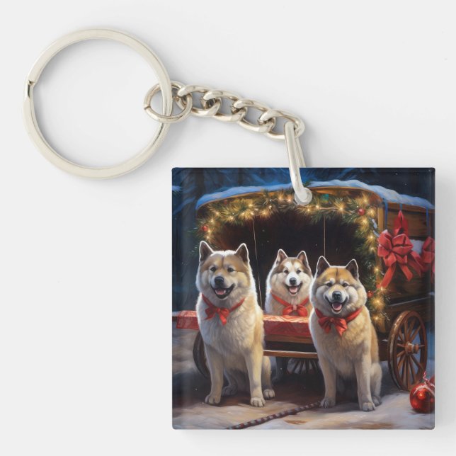 Akita Snowy Sleigh Ride Christmas Decor Keychain (Front)