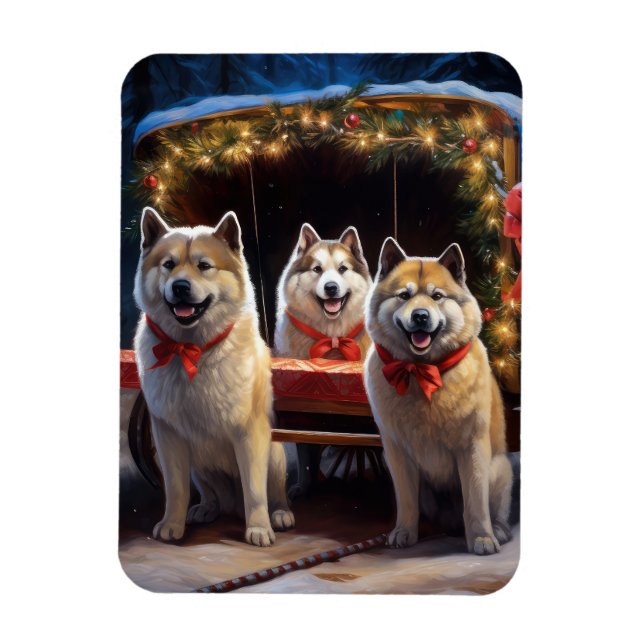 Akita Snowy Sleigh Ride Christmas Decor Magnet (Vertical)