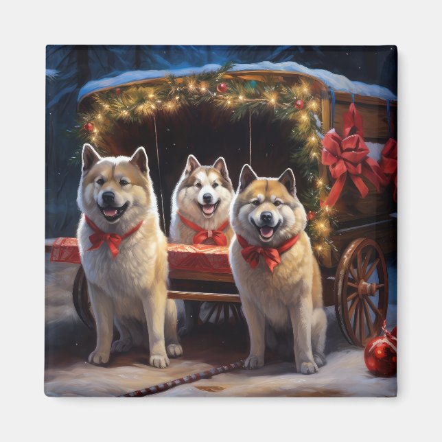 Akita Snowy Sleigh Ride Christmas Decor Magnet (Front)