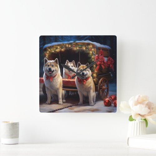 Akita Snowy Sleigh Ride Christmas Decor Square Wall Clock