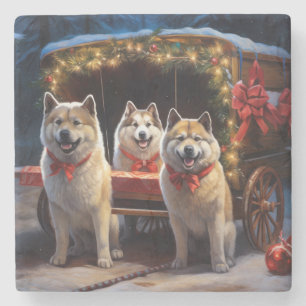 Akita Snowy Sleigh Ride Christmas Decor Stone Coaster