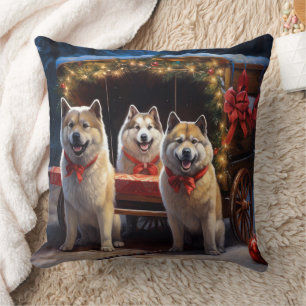 Akita Snowy Sleigh Ride Christmas Decor Throw Pillow