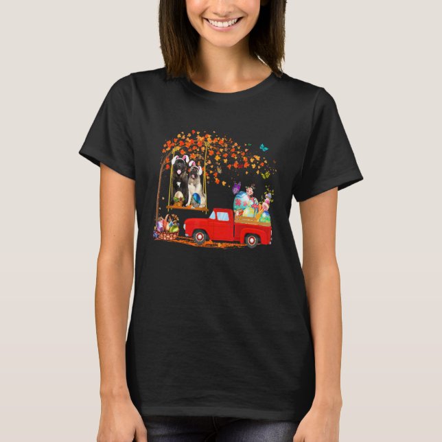 Akita Wearing Bunny Ear Red Truck With Eggs T-Shirt (Front)