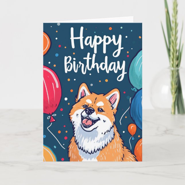 Akita with Balloons Birthday Card (Front)