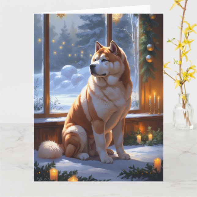 Akita With Christmas Lights Holiday Card (Yellow Flower)