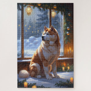 Akita With Christmas Lights Holiday Jigsaw Puzzle
