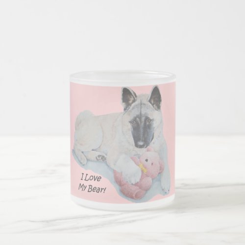akita with pink teddy bear dog portrait art frosted glass coffee mug