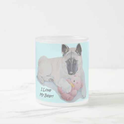 akita with pink teddy bear dog portrait art frosted glass coffee mug