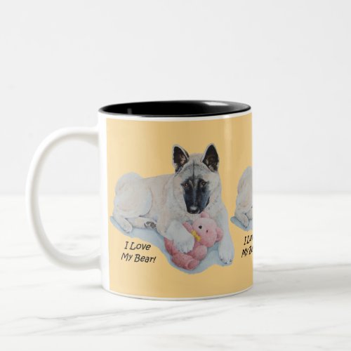 akita with pink teddy bear dog portrait art Two_Tone coffee mug