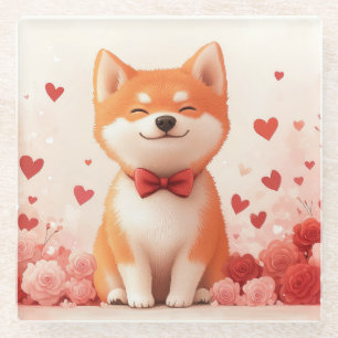 Akita with Roses - Valentine's Day Glass Coaster
