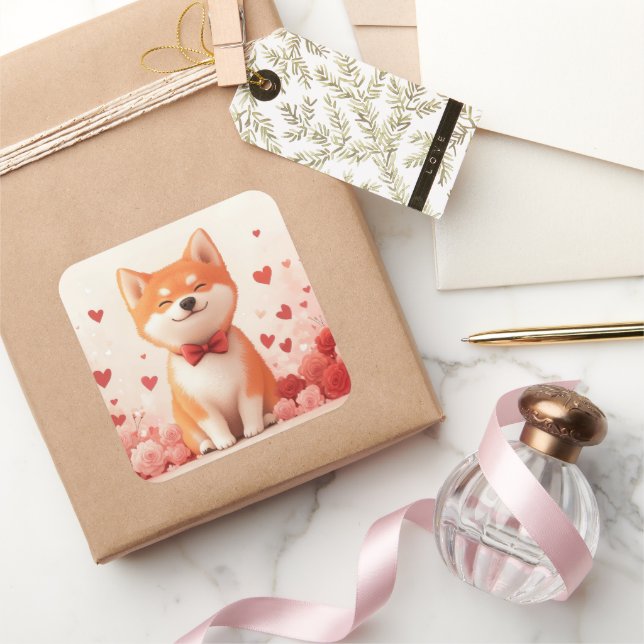 Akita with Roses - Valentine's Day  Square Sticker (Gifting)
