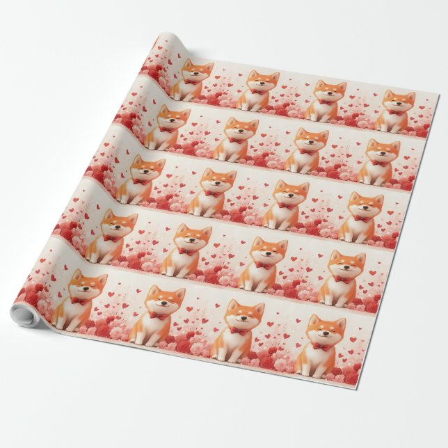 Akita with Roses - Valentine's Day  Wrapping Paper (Unrolled)