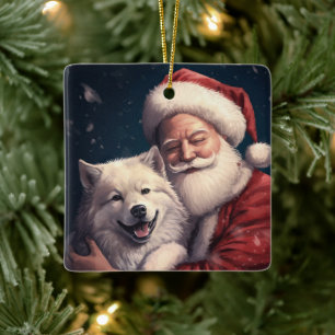Akita with Santa Claus Festive Christmas Ceramic Ornament