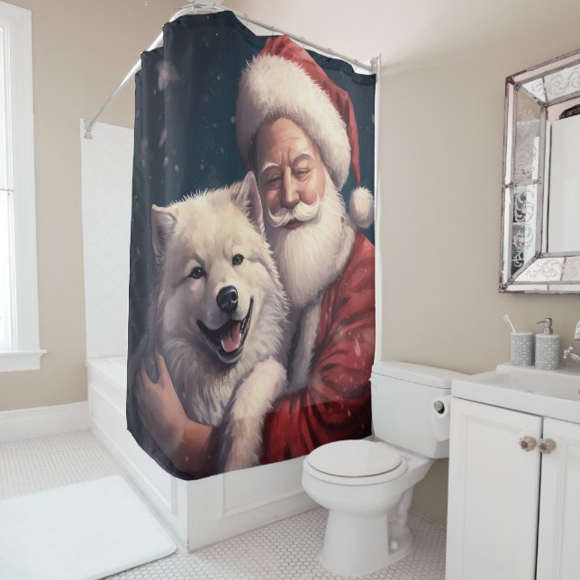Akita with Santa Claus Festive Christmas  Shower Curtain (In Situ)