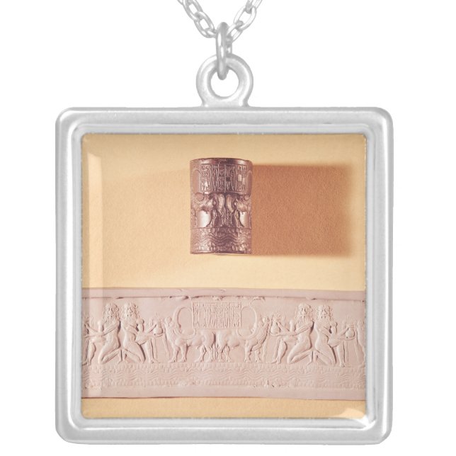 Akkadian cylinder seal and impression silver plated necklace (Front)