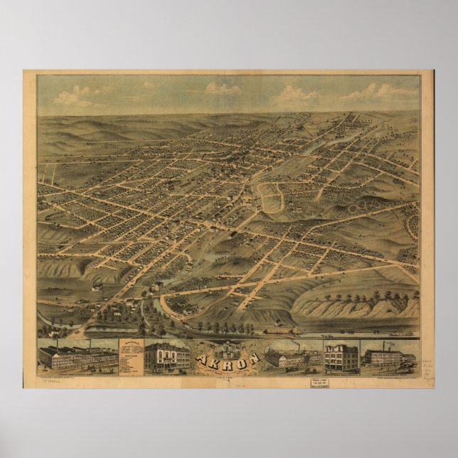 Akron Ohio 1870 Antique Panoramic Map Poster (Front)
