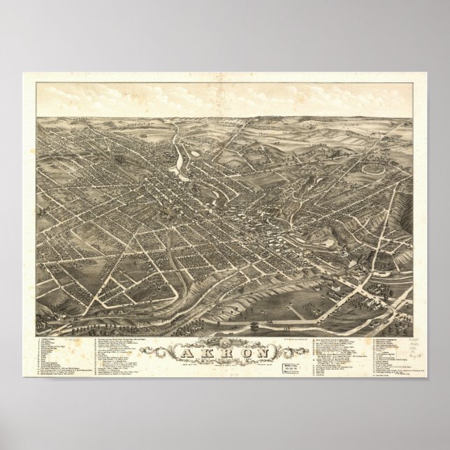 Akron Ohio 1882 Antique Panoramic Map Poster (Front)